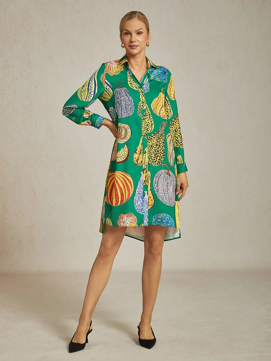 Pumpkin Print Split Hem Shirt Dress