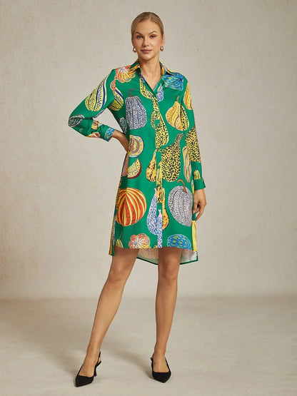 Pumpkin Print Split Hem Shirt Dress
