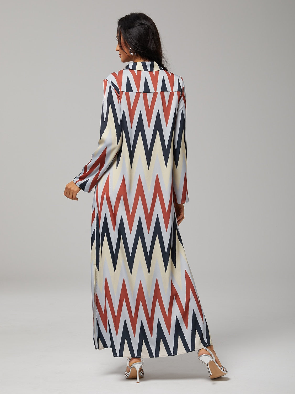 Satin Geometric Print Maxi Shirt Dress