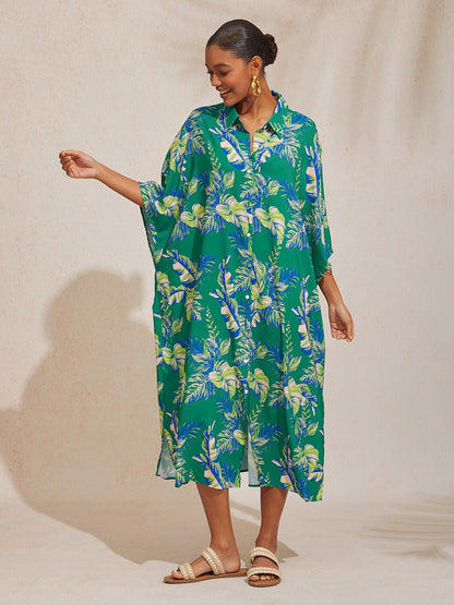Robe mi-longue en mousseline à manches courtes et imprimé feuilles