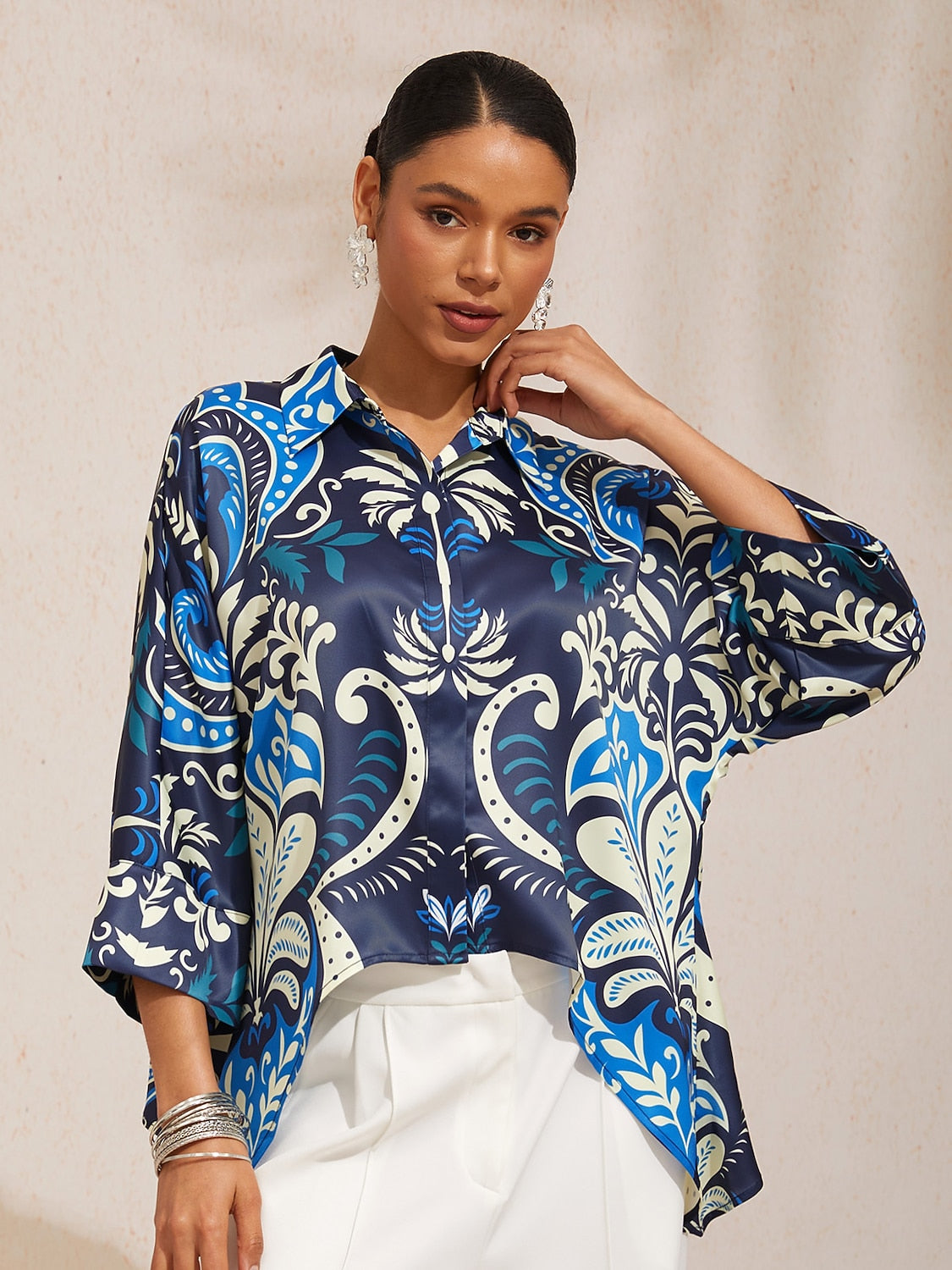 Pastel Floral Garden Satin Dolman Sleeve Button Down Shirt