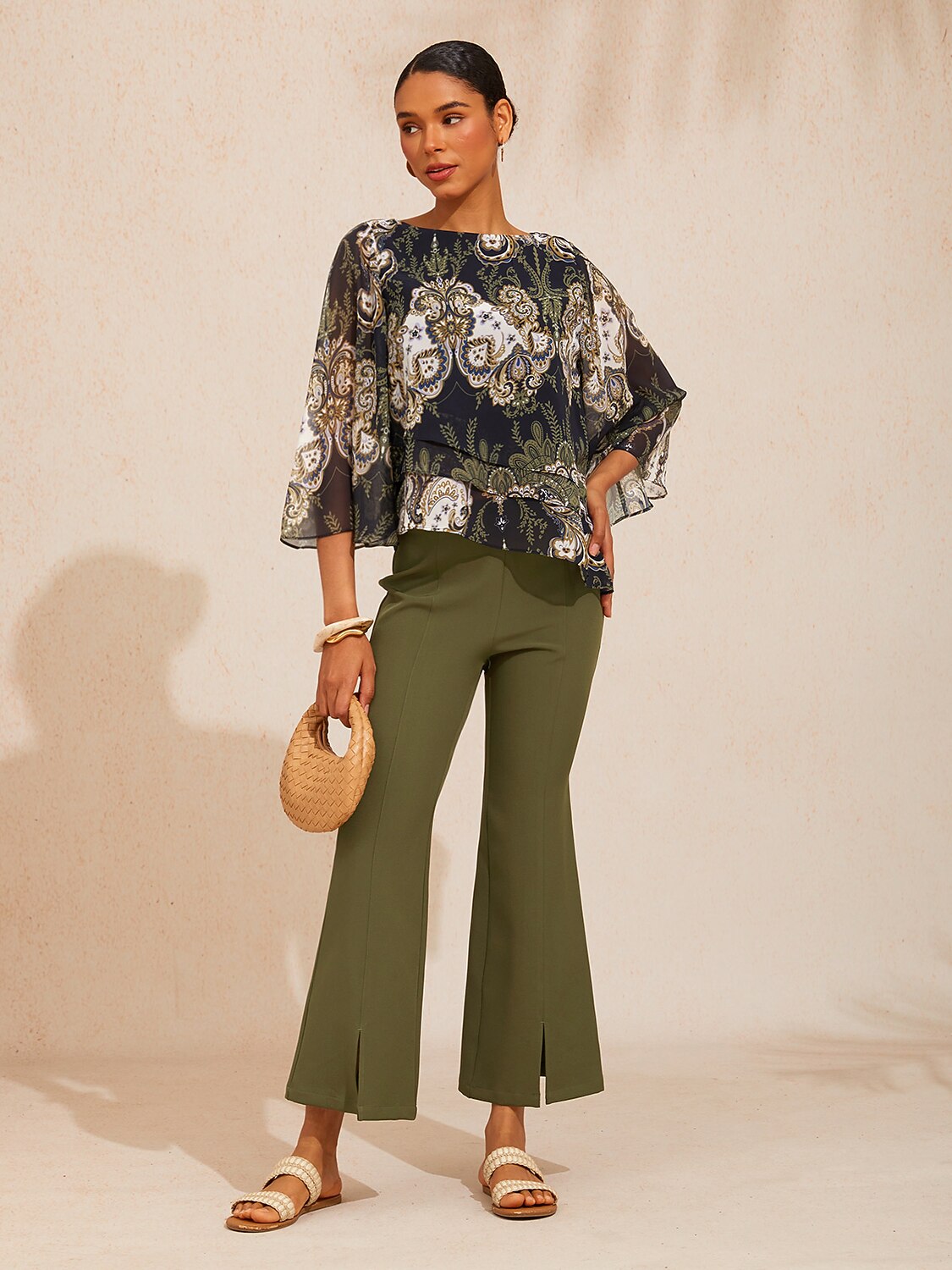 Green Mandala Floral Layered Chiffon Blouse