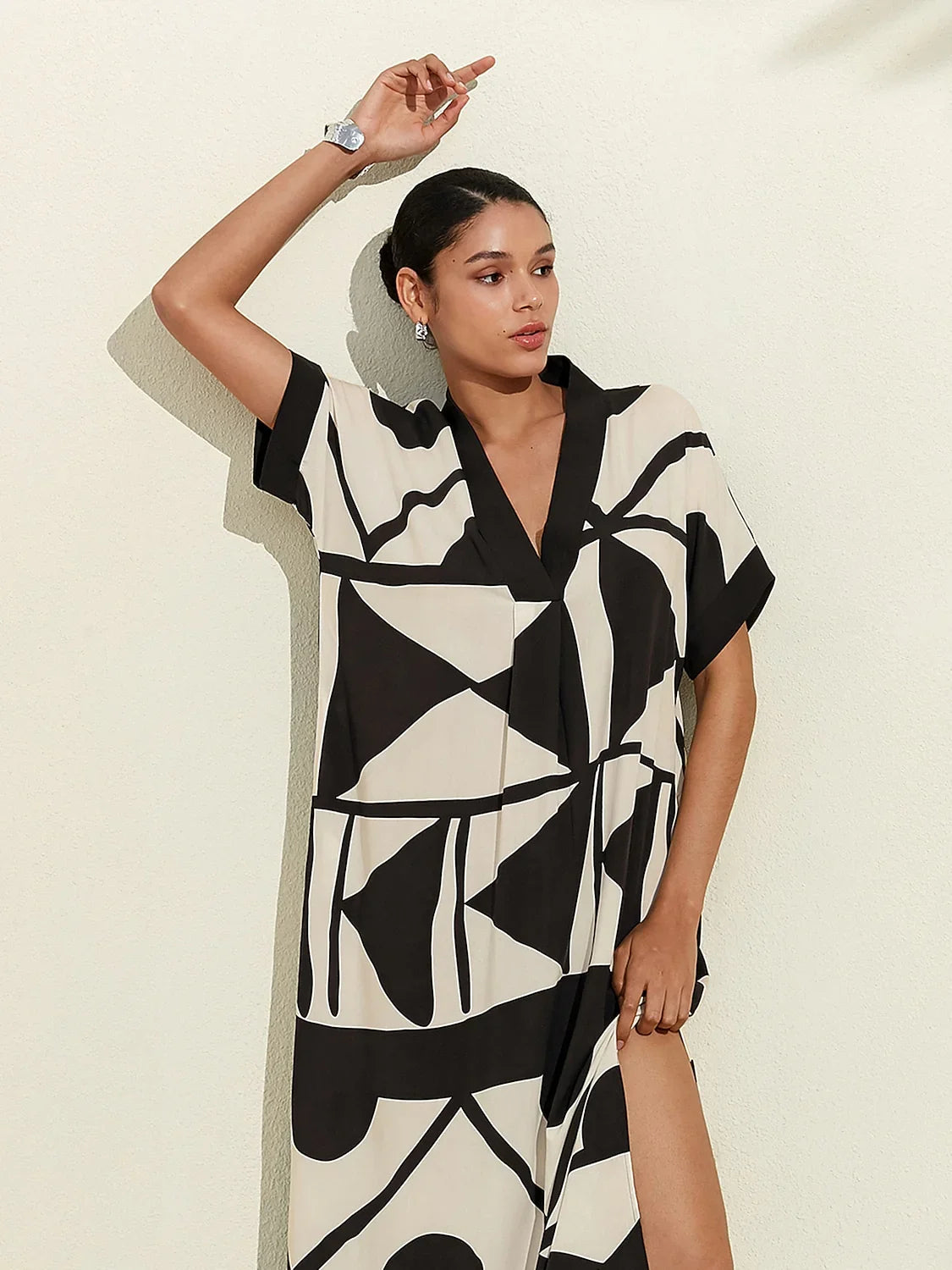 Short Geometric Print Loose Fit Double Slit Maxi Dress