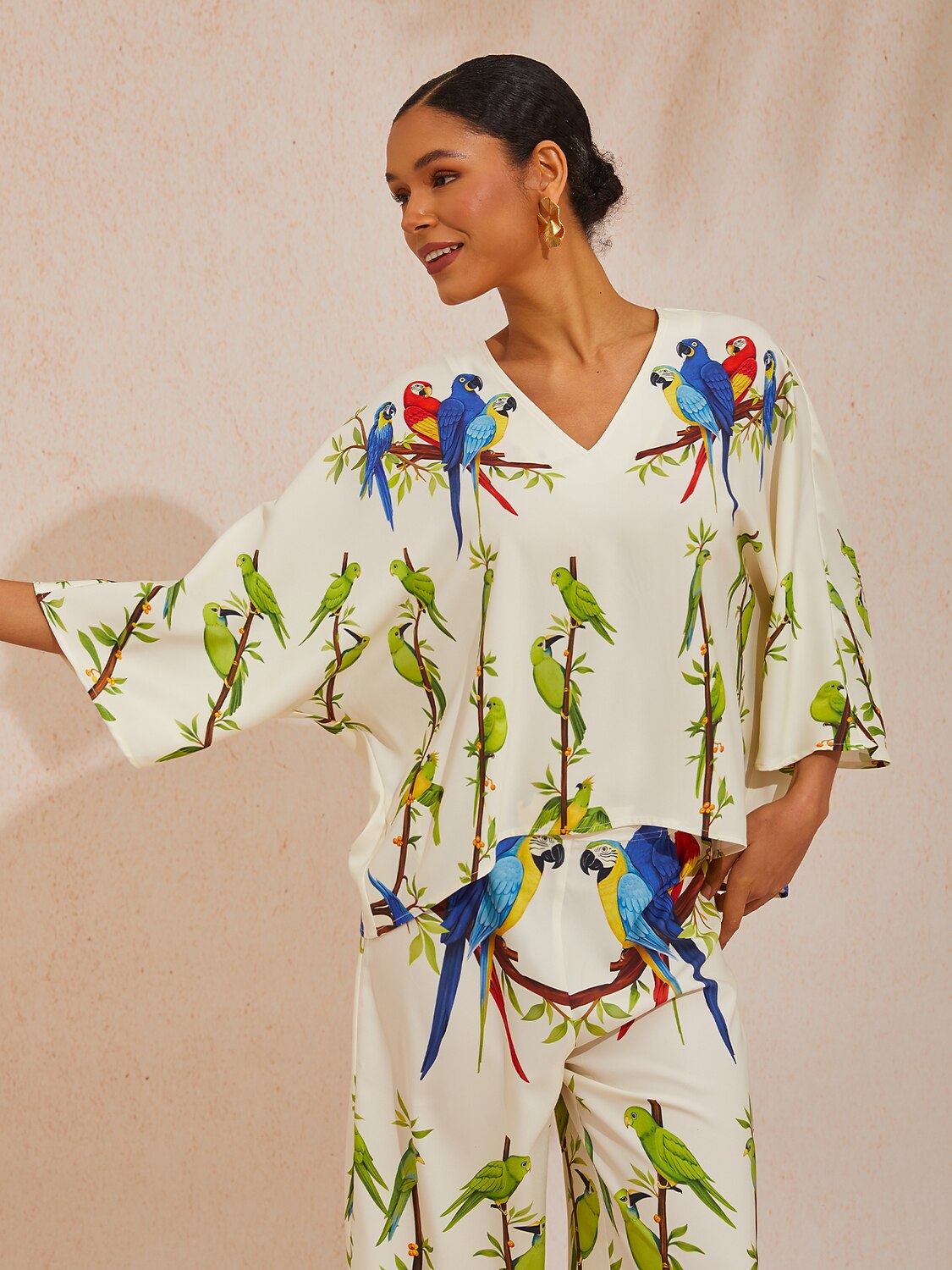 Emerald Empress Silky Satin V-Neck Batwing Top
