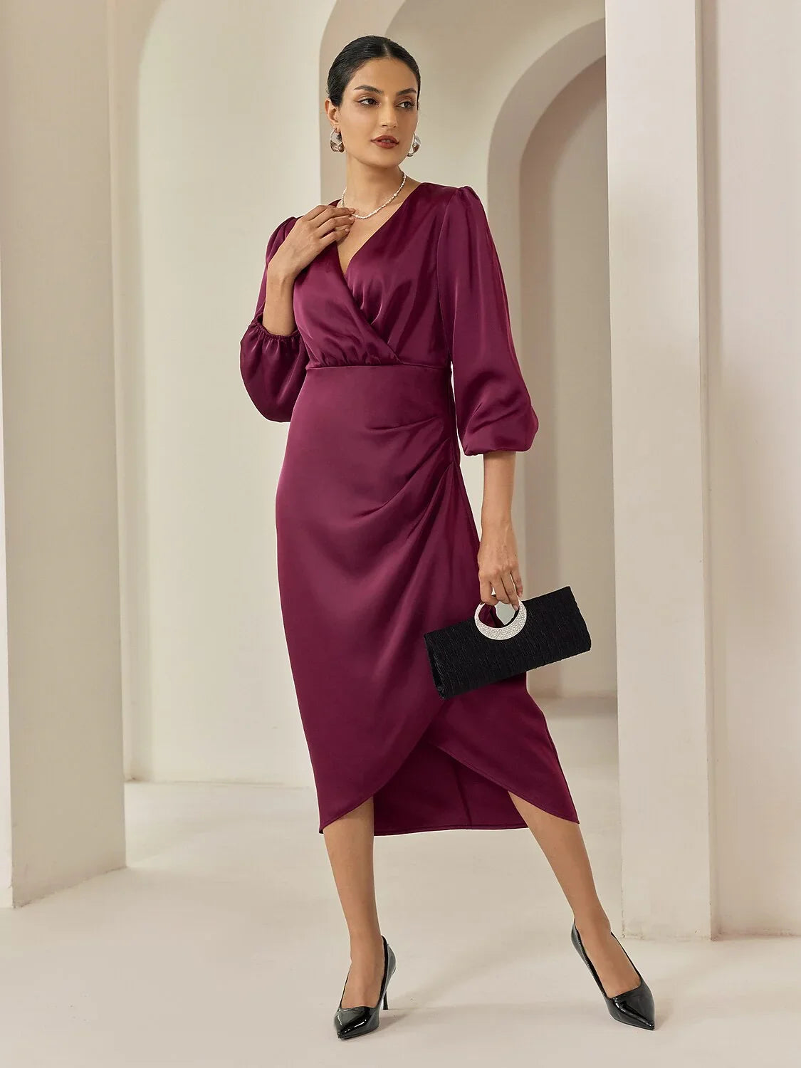 Elegant 3/4 Sleeves Burgundy Satin Dress