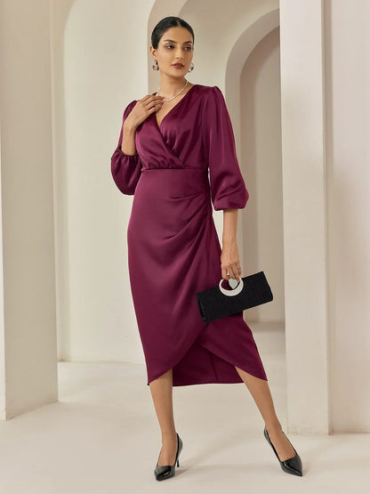 Elegant 3/4 Sleeves Burgundy Satin Dress