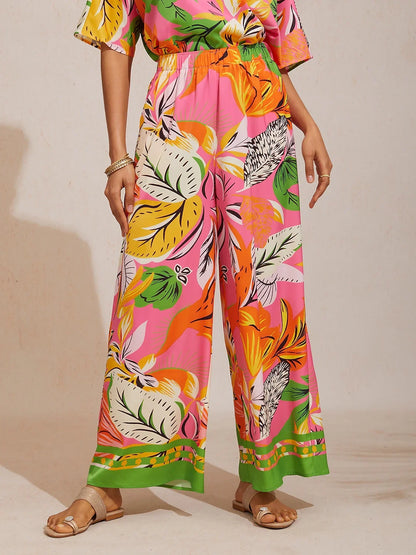 Summer Night Palm Silky Satin Wide Leg Pants