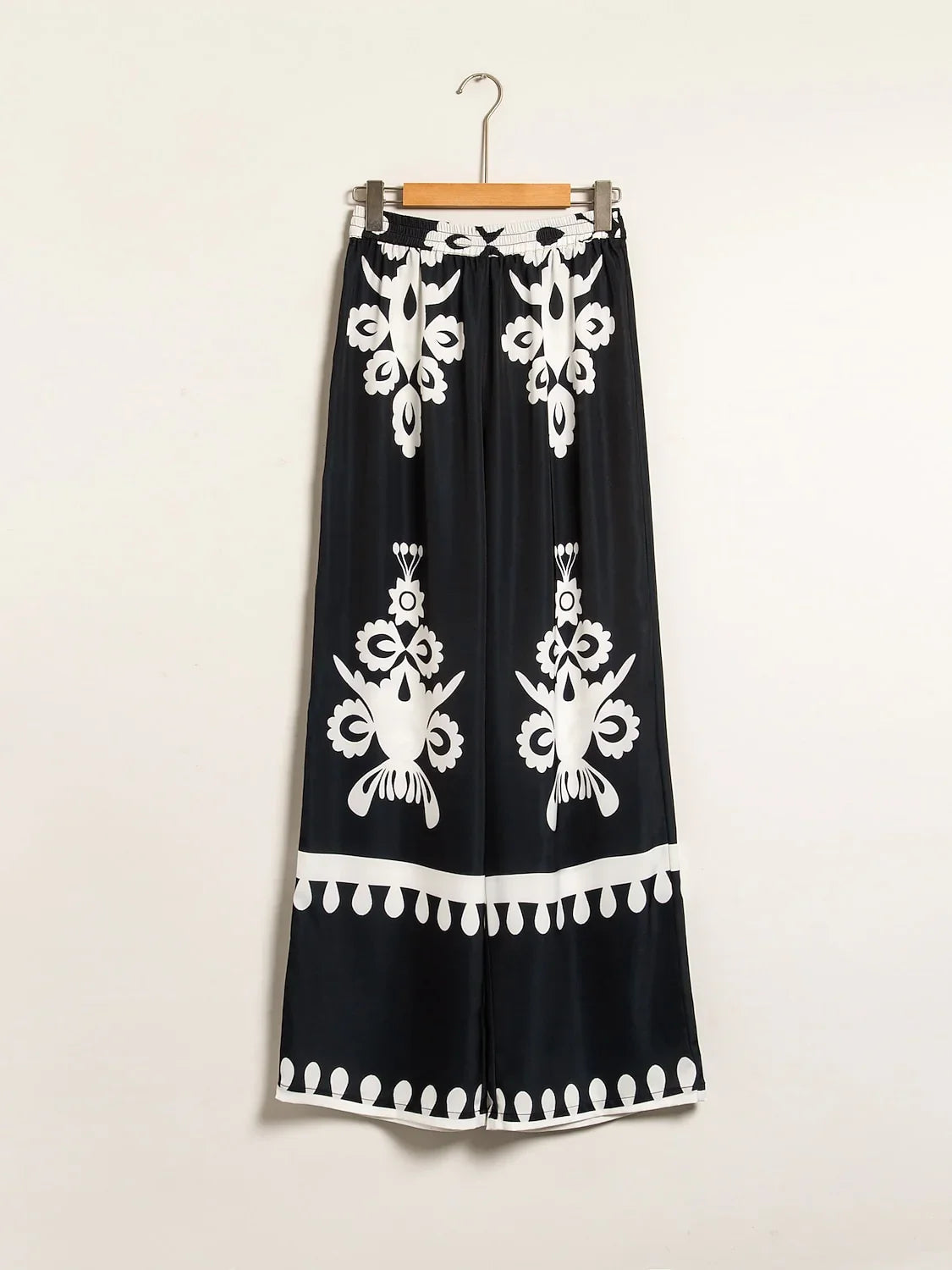 Black Ethnic Print Straight Leg Satin Pants