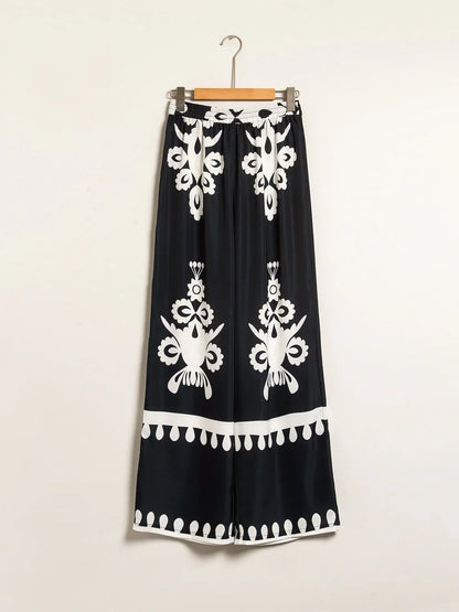 Black Ethnic Print Straight Leg Satin Pants