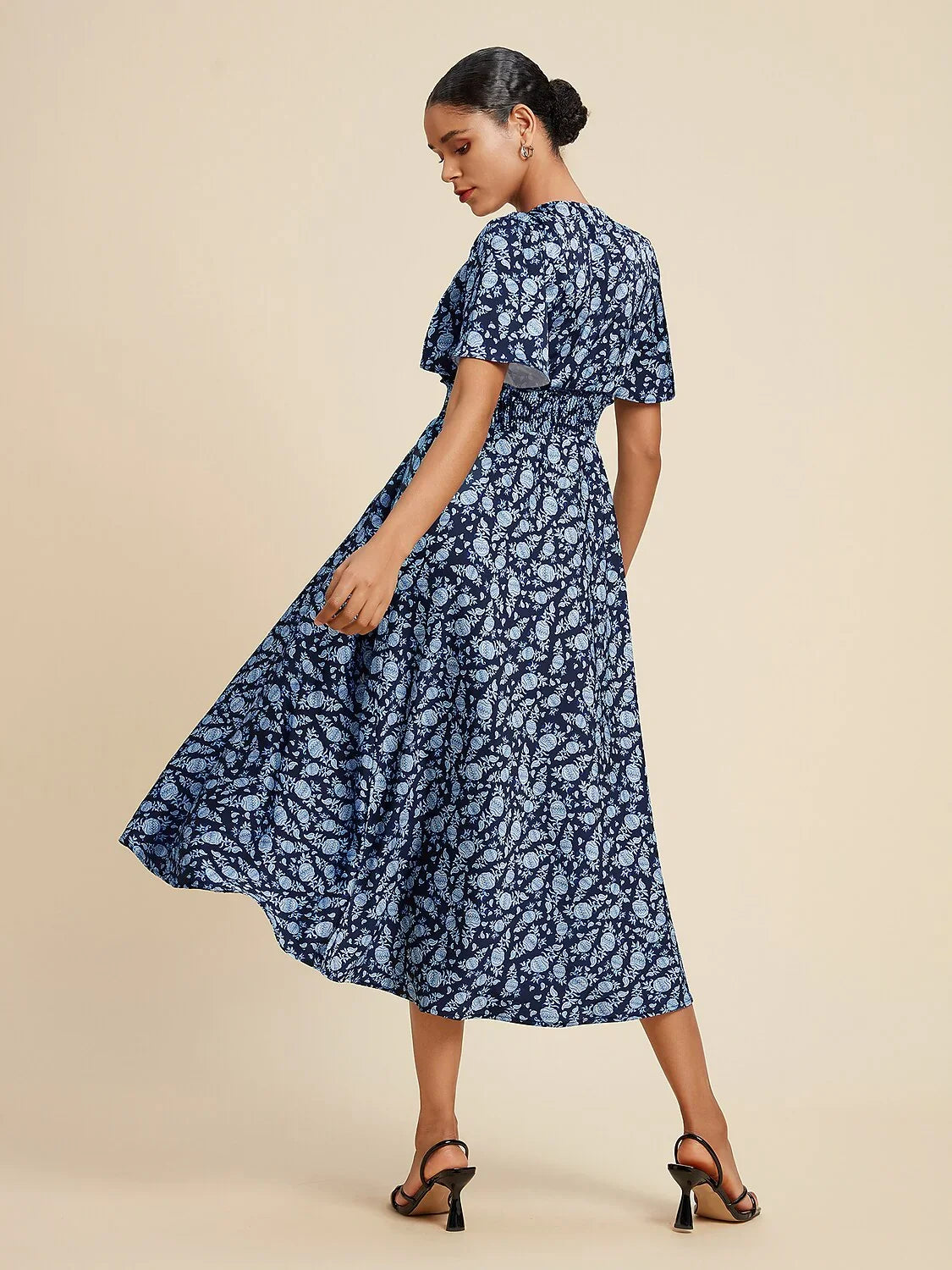 Satin Floral Print Smocked Waist Midi Dress