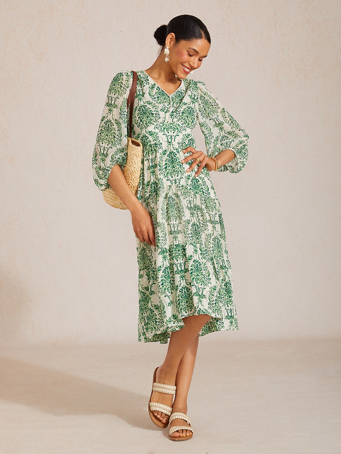 Verdant Baroque Bloom Flowy Chiffon Maxi Dress