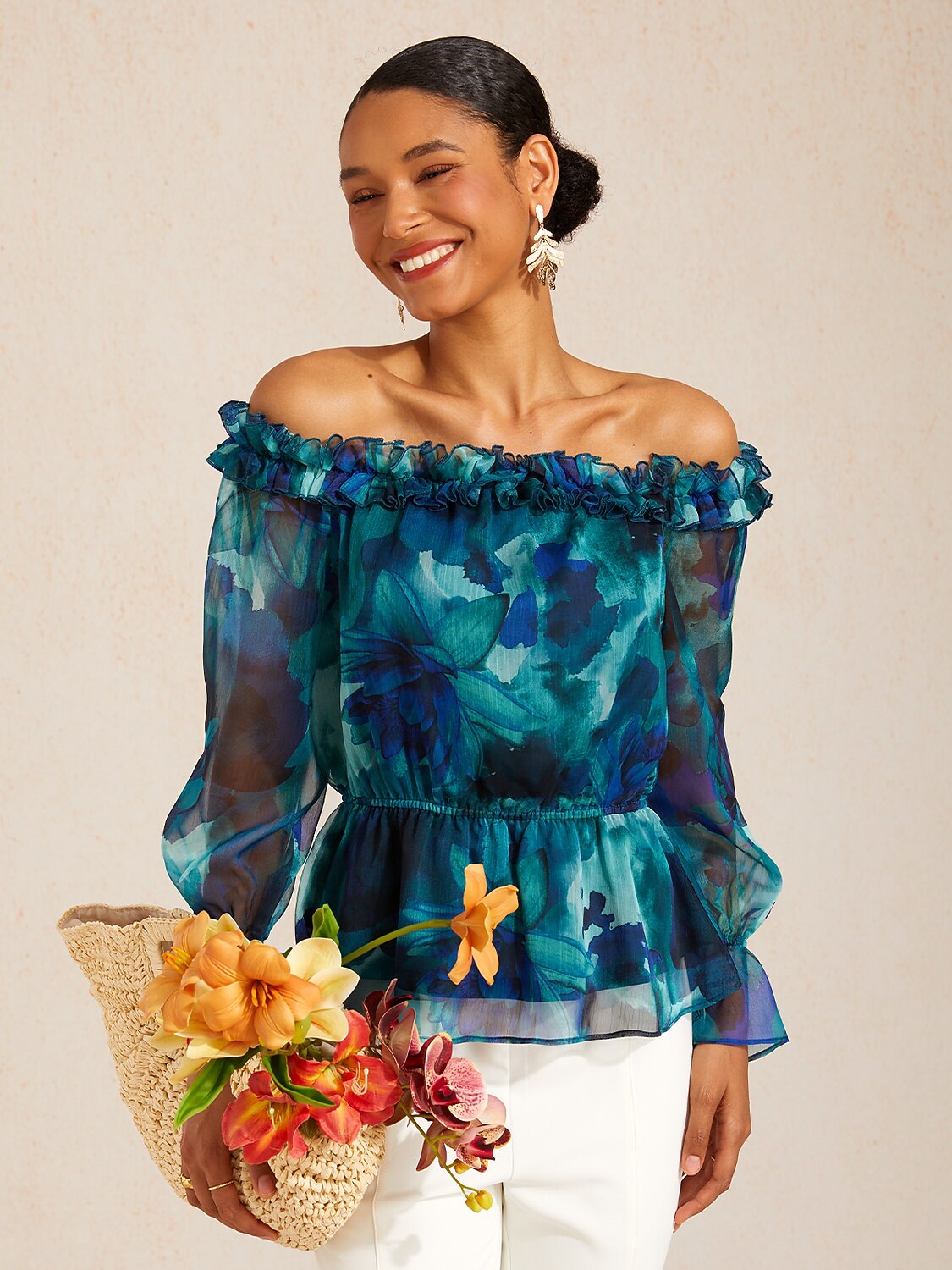 Wild Hibiscus Dream Flowy Chiffon Off-Shoulder Top