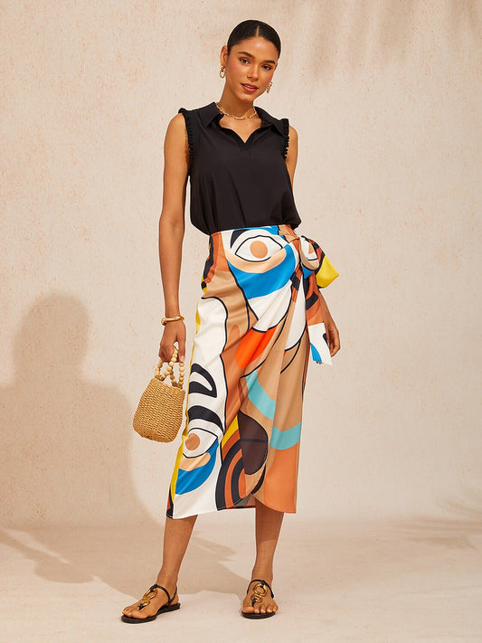 Abstract Art Silky Satin Wrap Skirt