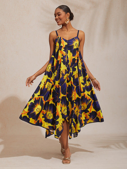 Urlaub Sonne Blumen Viskose Spaghetti-Träger-Kleid