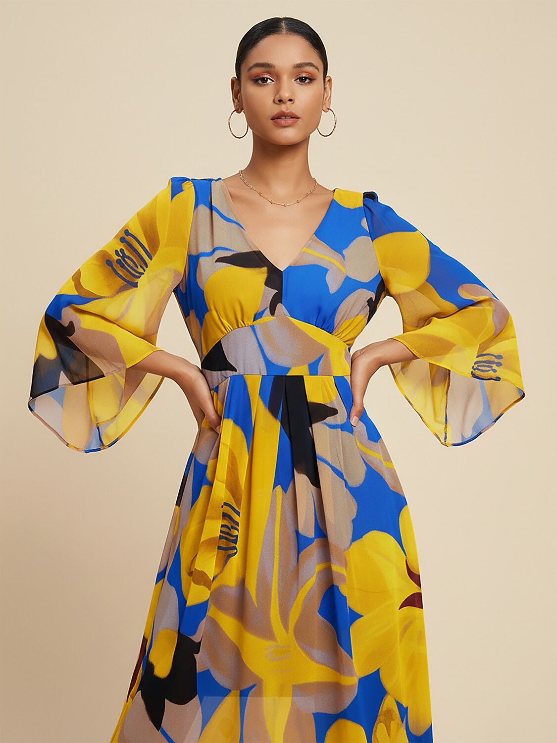 Abstract Floral Print Chiffon Maxi Dress