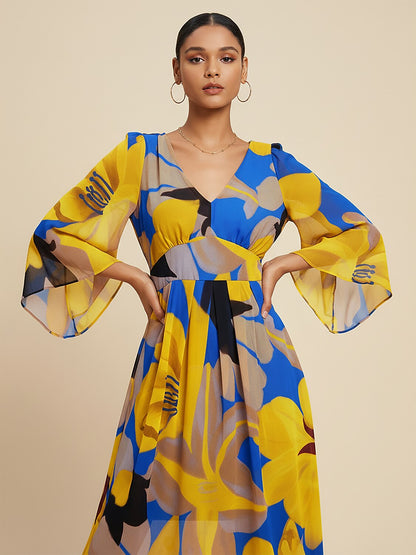 Abstract Floral Print Chiffon Maxi Dress