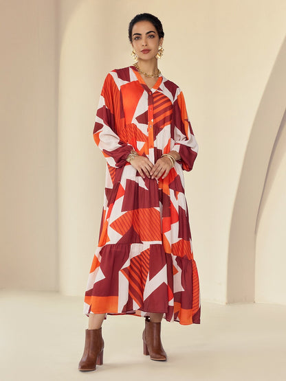 Chiffon Geometric Pattern V-Neck Casual Daily Maxi Dress