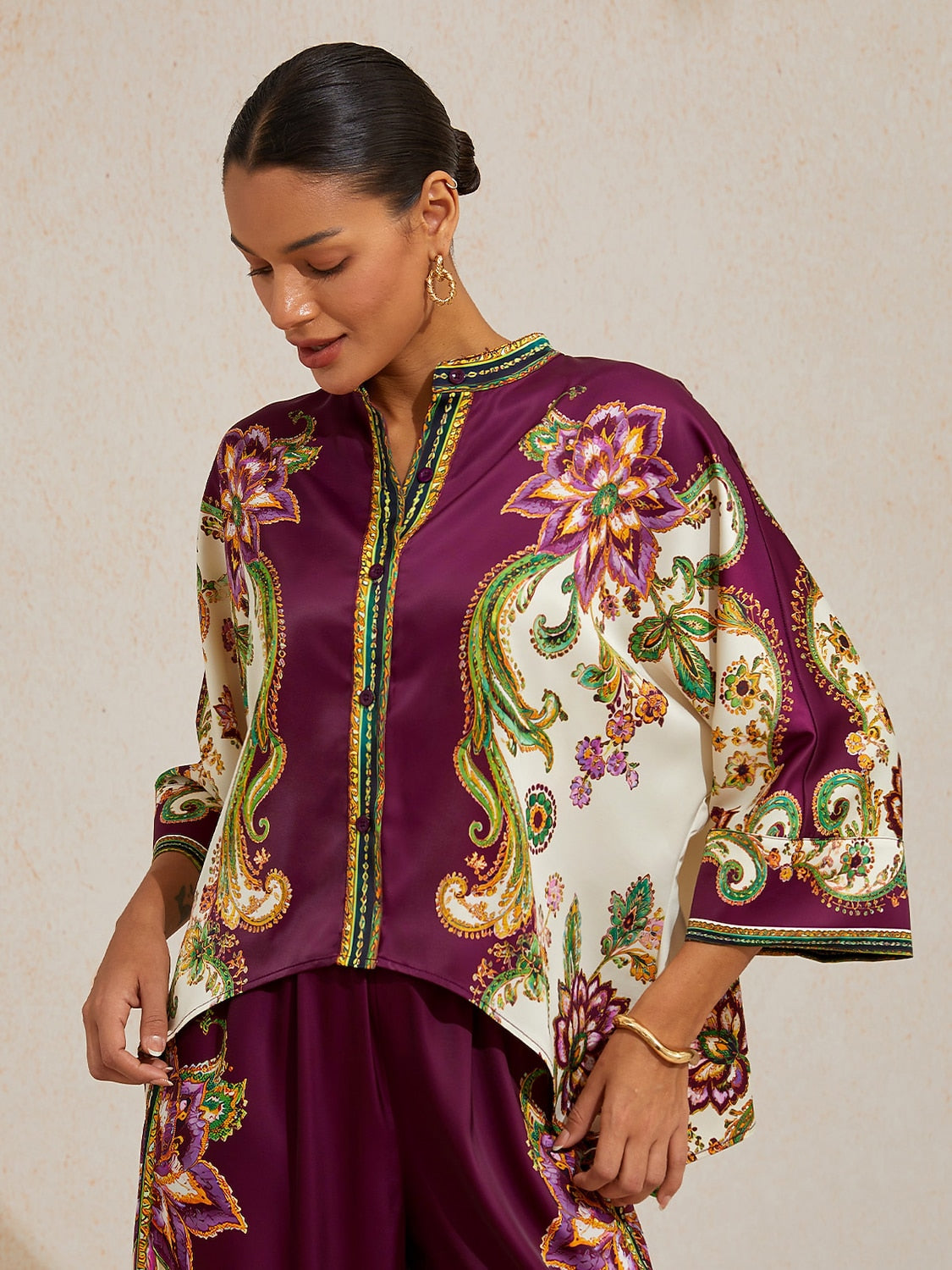 Burgundy Paisley Silky Satin Batwing Top