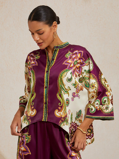 Burgundy Paisley Silky Satin Batwing Top