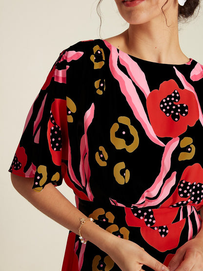 Floral Elastic Waist Half Sleeve Midi Dress