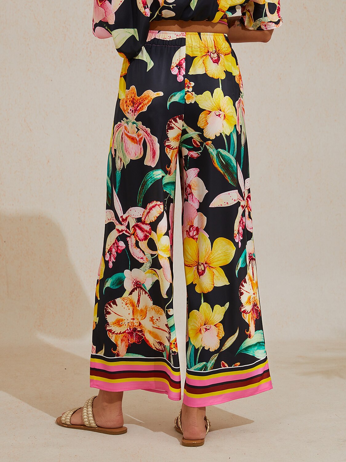 Midnight Floral Carnival Silky Satin Wide Leg Pants