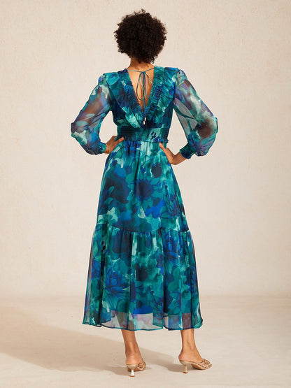 Ocean Bloom Reverie Flowy Chiffon Maxi Dress