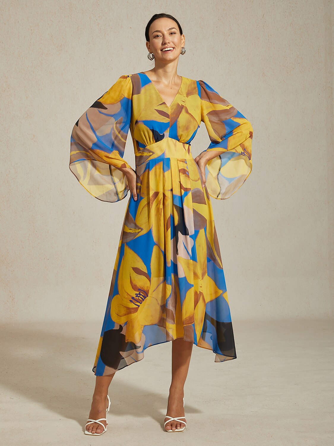 Abstract Floral Print Chiffon Maxi Dress