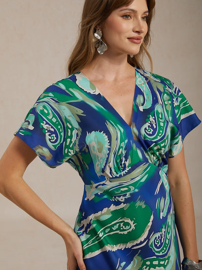 Vacation Satin Green Paisley Print Maxi Dress