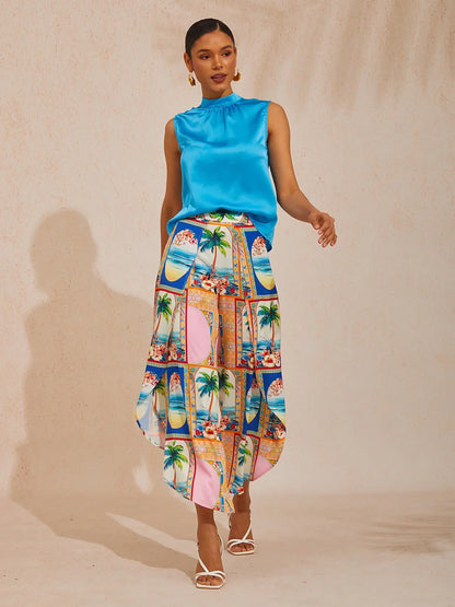 Summer Escape Curved Hem Cross-over Satin Wide leg Pants