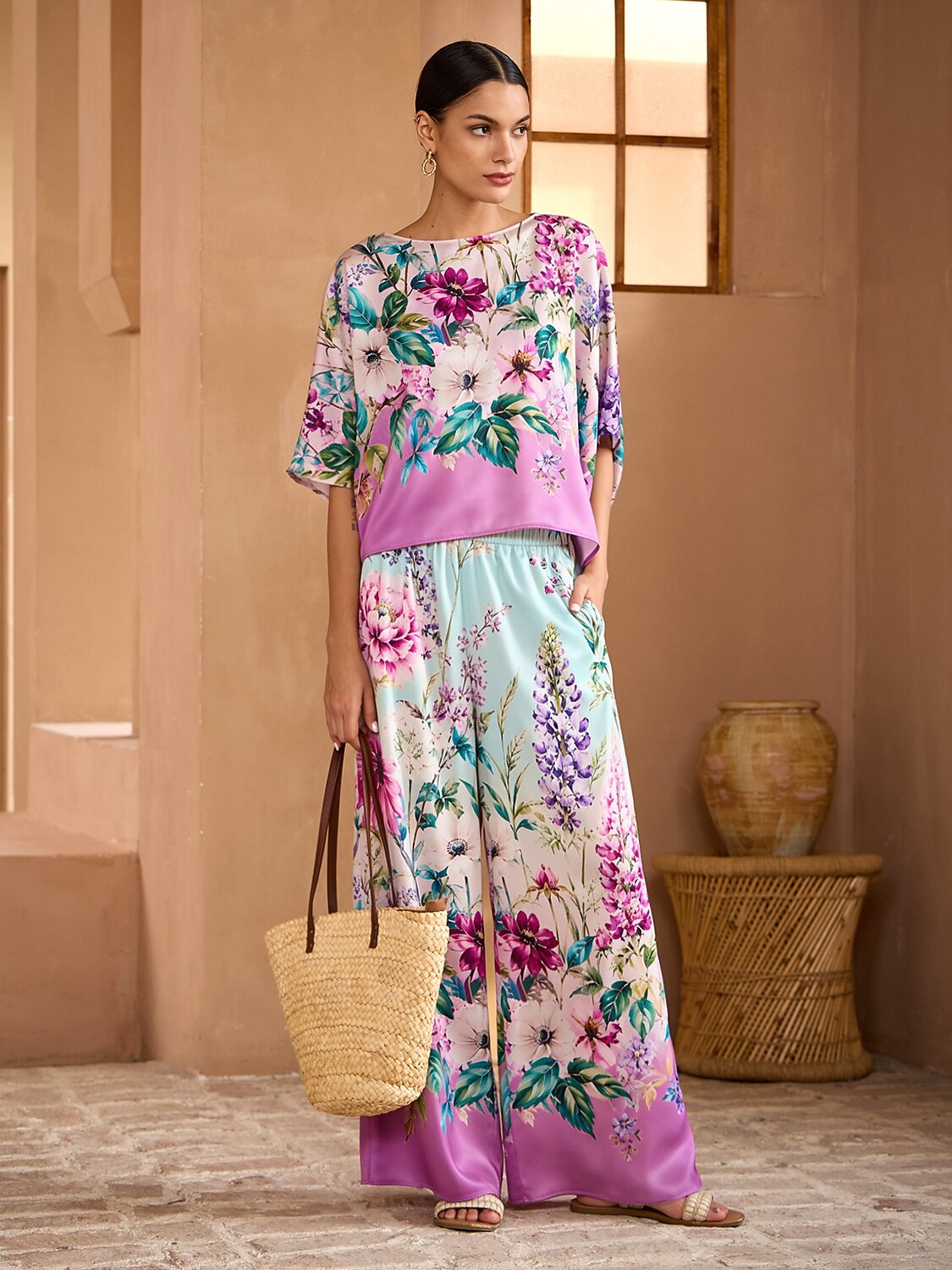 Pastel Garden Silky Satin Batwing Top