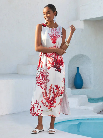 Coral Riviera Silky Satin Vacation Maxi Dress