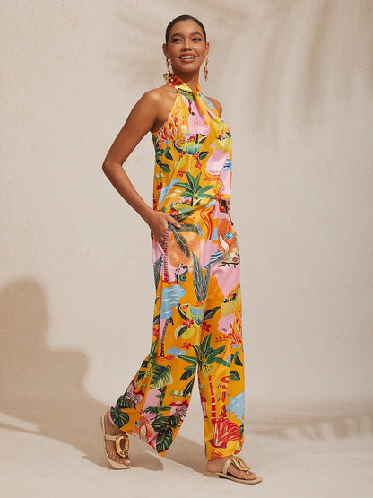 Summer Escape Silky Satin Floral Wide-Leg Pants