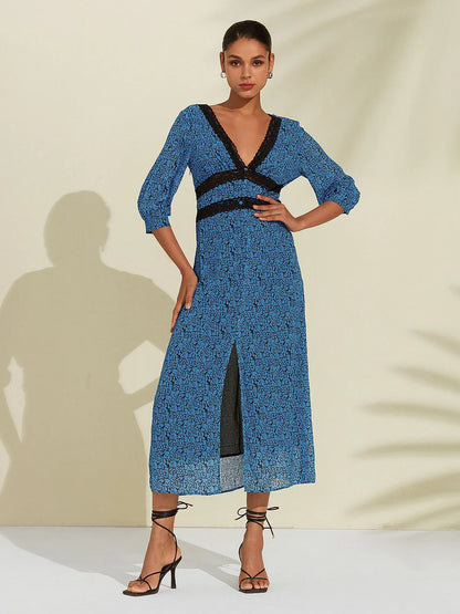 Chiffon Floral V-Neck Midi Dress