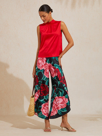 Emerald Rose Garden Silky Satin Sleeveless Top