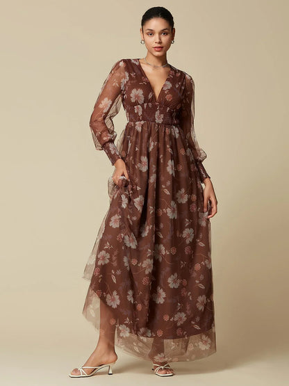 V-Neck Floral Mesh Maxi Dress
