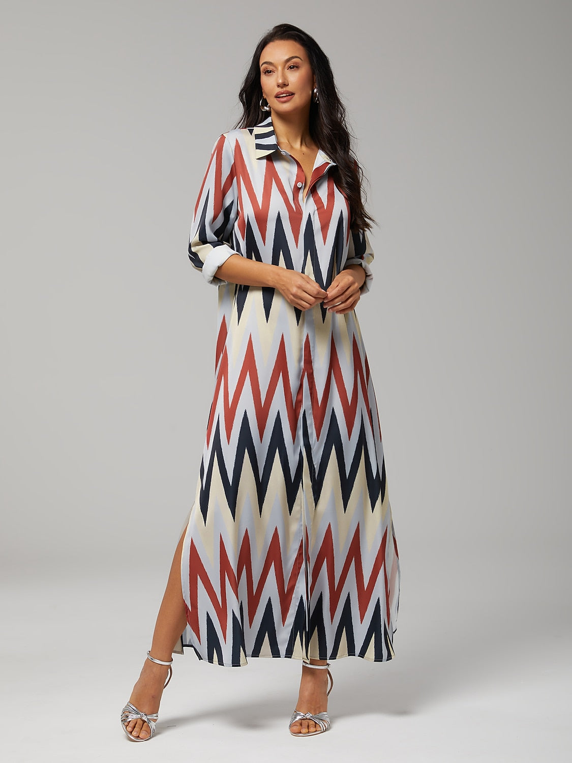 Satin Geometric Print Maxi Shirt Dress