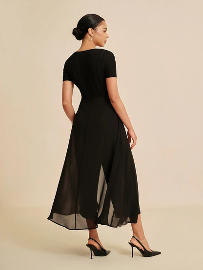 Paneled Design Faux Flowy Sheer Stretch Fabric Jumpsuit