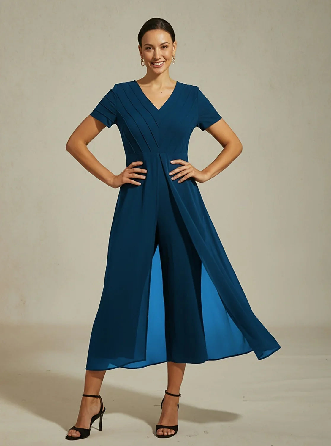 Paneled Design Faux Flowy Sheer Stretch Fabric Jumpsuit