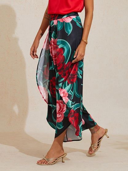 Emerald Rose Garden Silky Satin Slit Wide Leg Pants