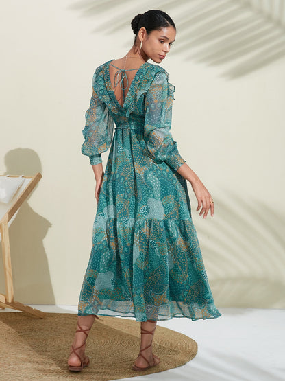 Floral Chiffon Tropical Flowers Puff  Sleeve Maxi Dress
