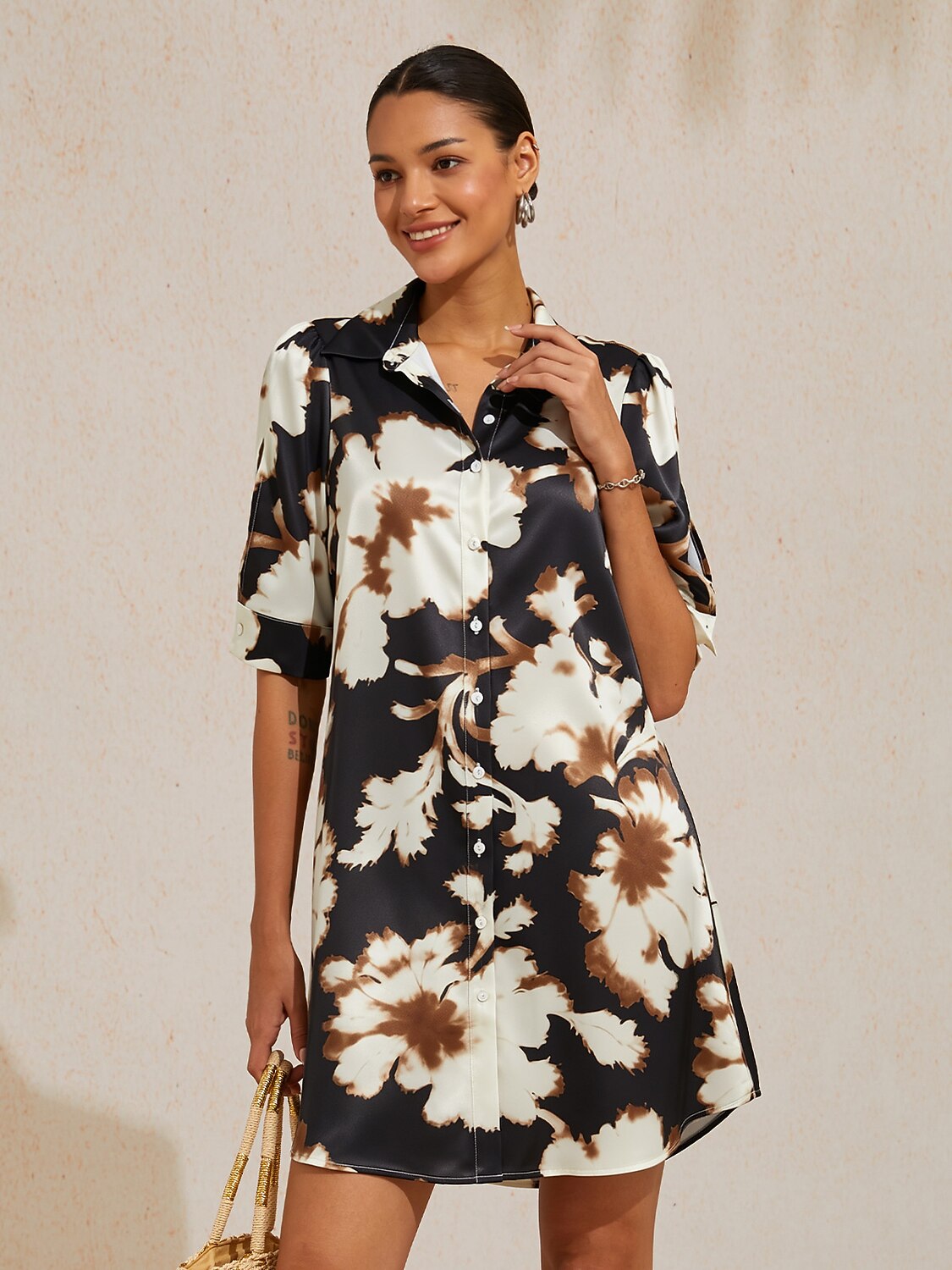 Sepia Noir Bloom Silky Satin Shirt Dress