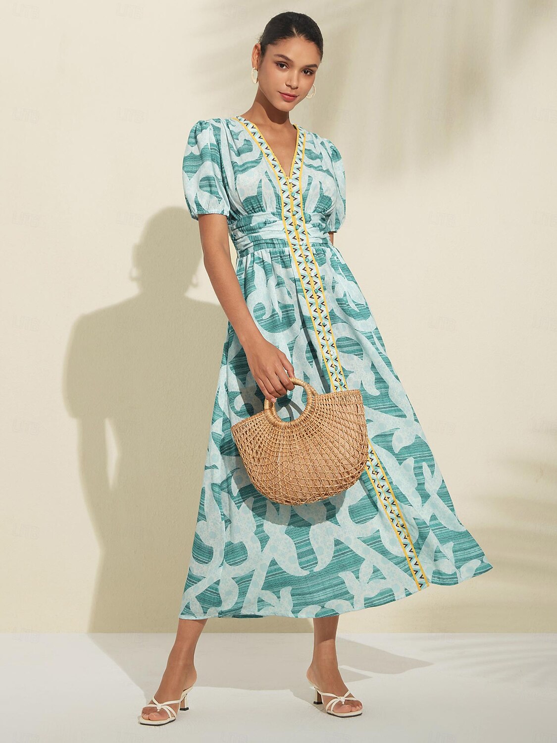 Puff Sleeves Linen Style Line Dress