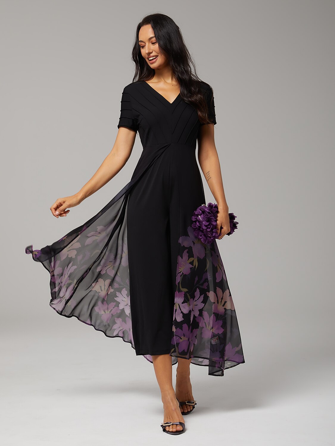 Paneled Design Faux Flowy Sheer Stretch Fabric Jumpsuit