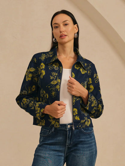 Denim Yellow Floral Pattern Turn Down Collar Jacket