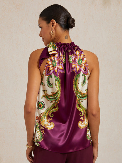 Burgundy Paisley Silky Satin Sleeveless Halter Top