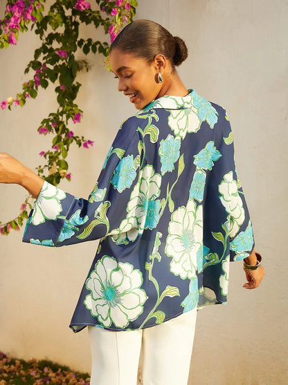 Vacation Green Floral High Low Chiffon Short Shirt