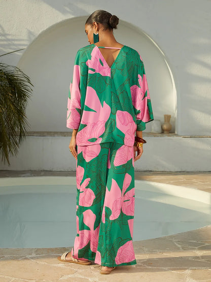 Satin Geometric Contrast Color Block Straight Pants
