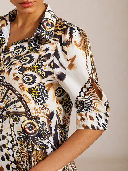 Ocean Blue Orchid Silky Satin Floral Shirt Dress