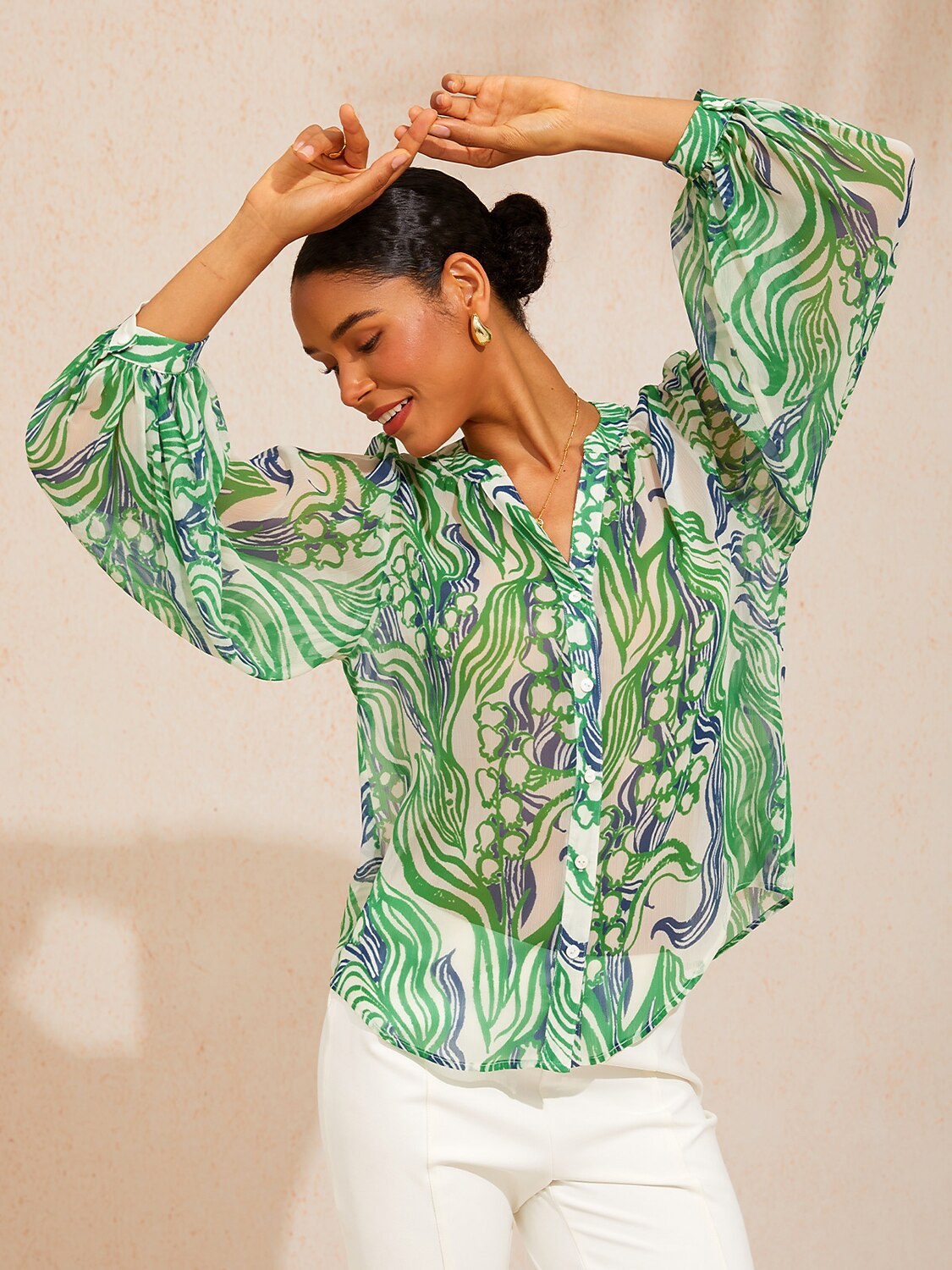 Abstract Bell Flower Flowy Chiffon Top