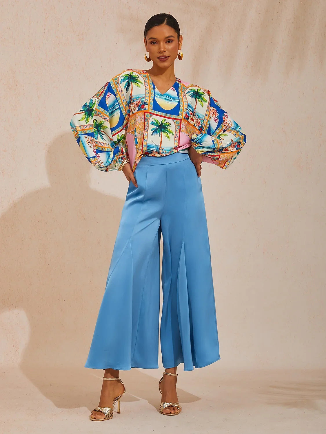 Summer Escape Geometric  Dolman Sleeve Satin Top